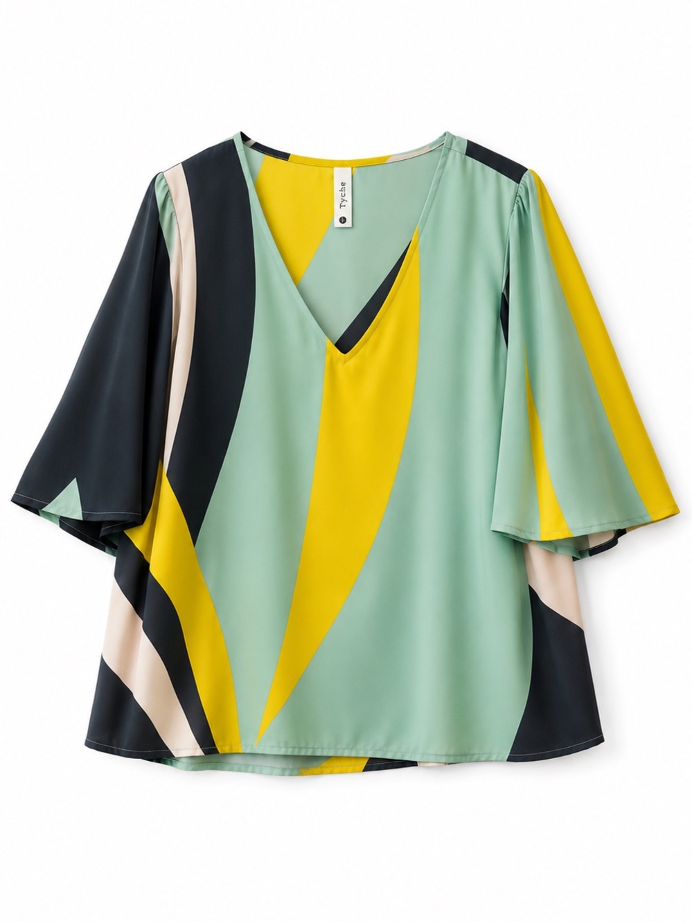 Tyche Navy Mint Yellow Colorblock V-Neck Flutter Sleeve Top Size L